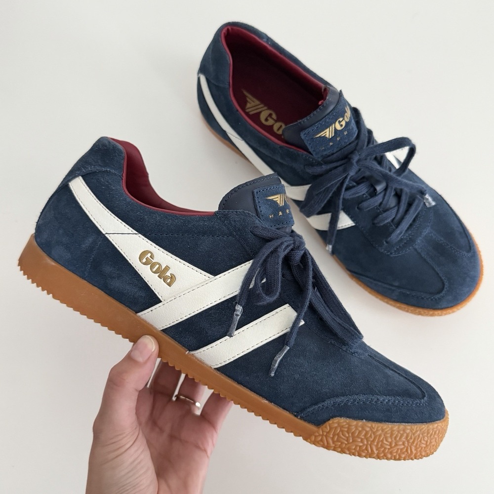 Gola Harrier Sneakers Shoes Mens 9 Blue White Suede Leather Trainer Gum Sole